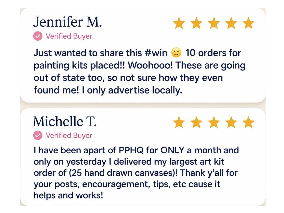 Jennifer and Michelle share verified orders for painting kits and hand-drawn canvases.