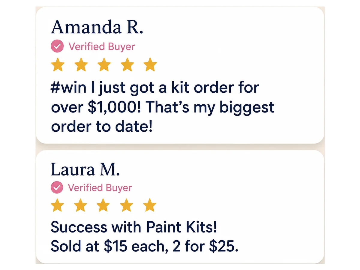 Amanda shares a verified Art Kit order worth more than $1,000, and Laura shares her Paint Kit sales.